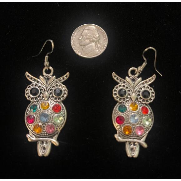 Multicolor Rhinestone Silver Tone Owl Dangle Earrings - Picture 1 of 1